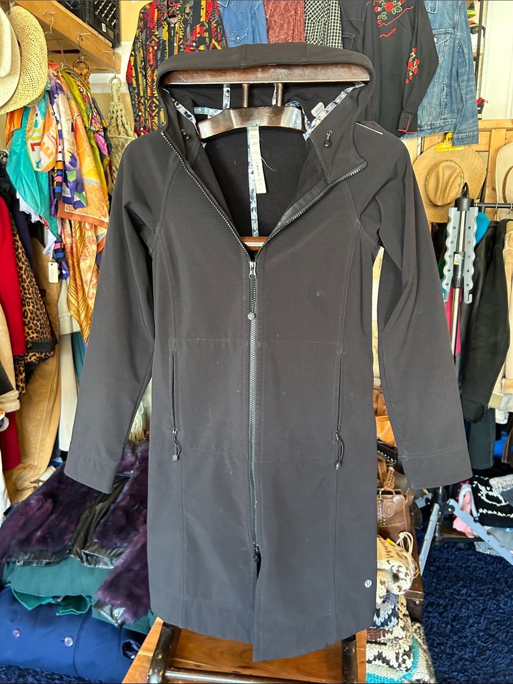 lululemon athletica Black Hooded Long Softshell Trench Coat